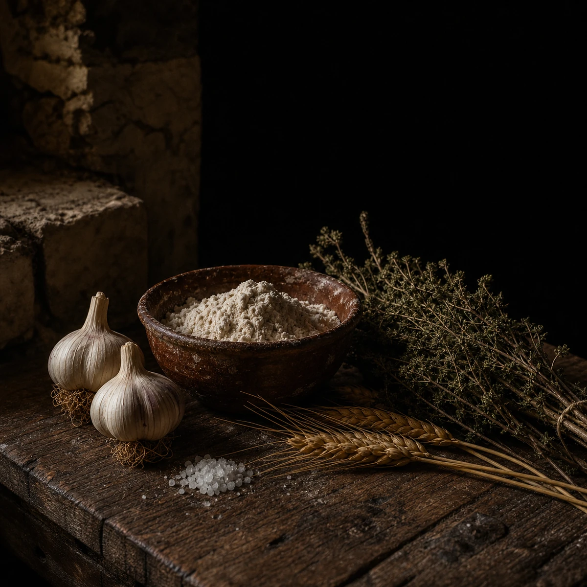 Miell, hudhra, grurë, kripë dhe erëza mali mbi një tryezë druri